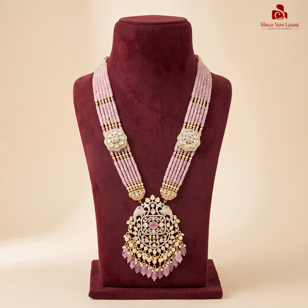 Indian Multi-Strand Long Necklace - Pastel Pink