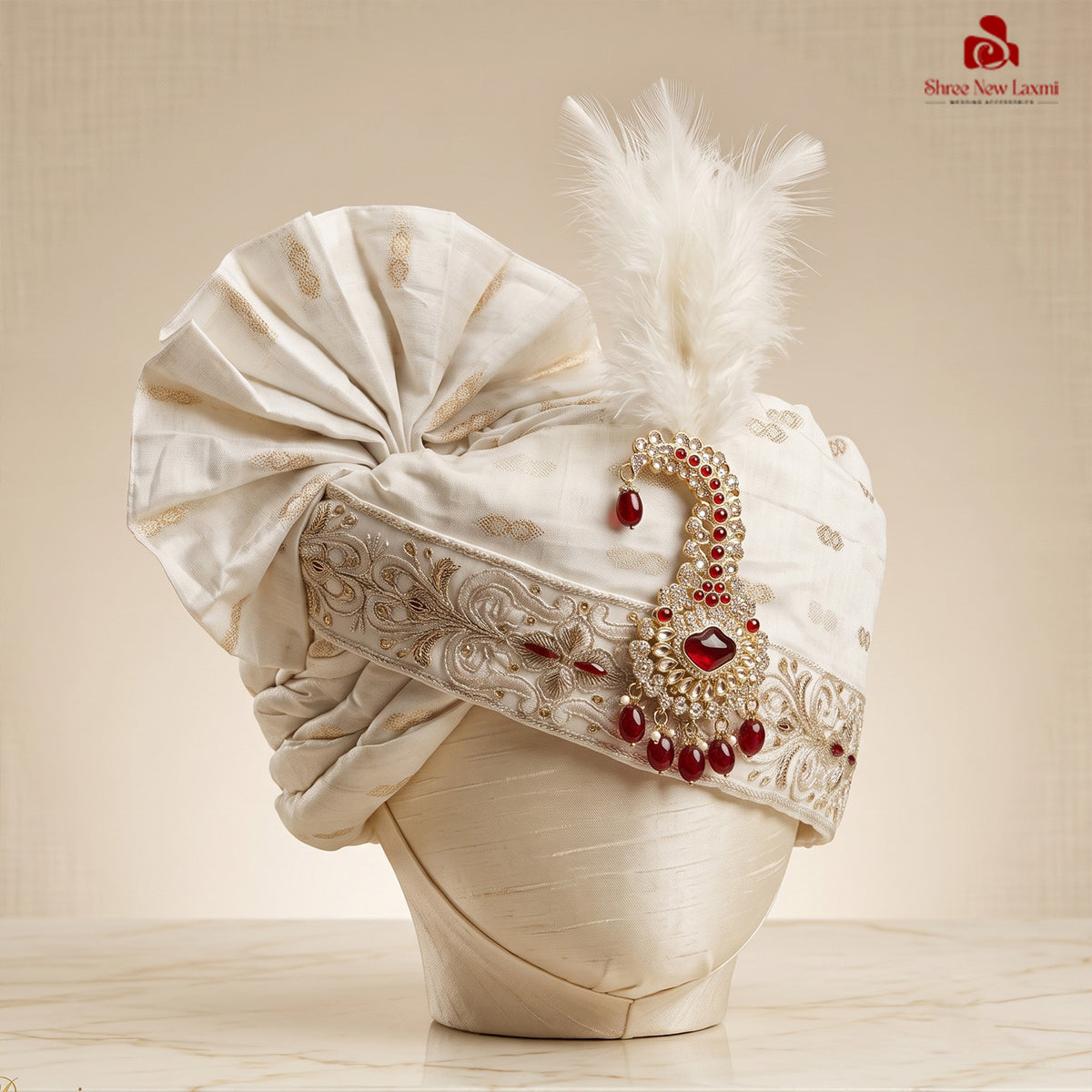Hand-Tied Safa with Embroidered Border & Diamond Brooch
