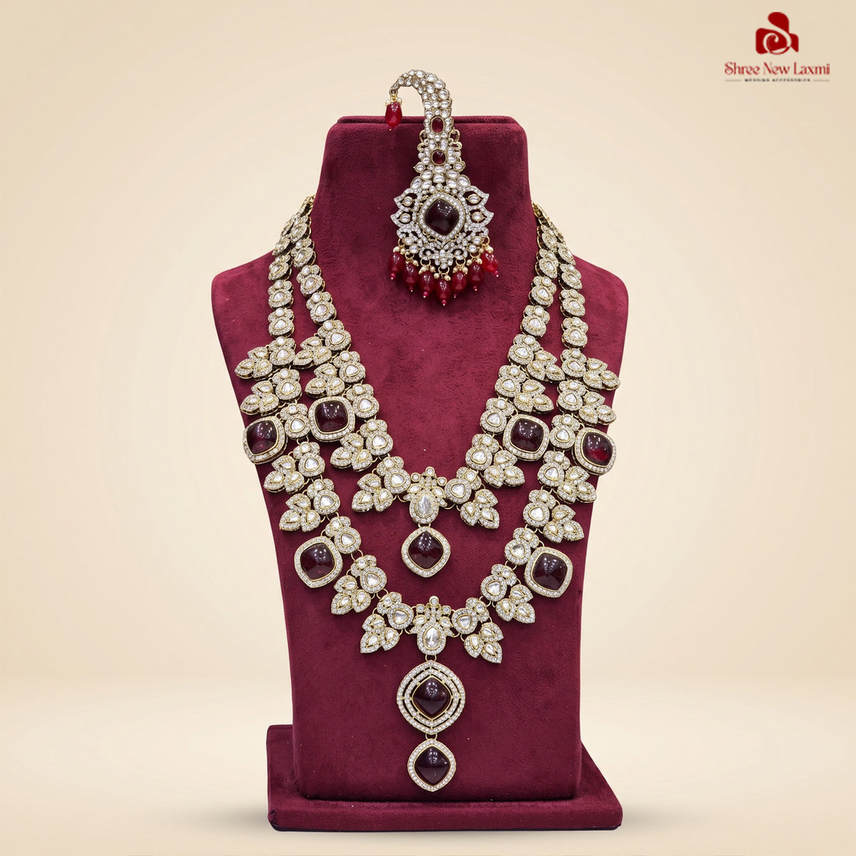 Royal Kundan Polki Stone Necklace - Maroon