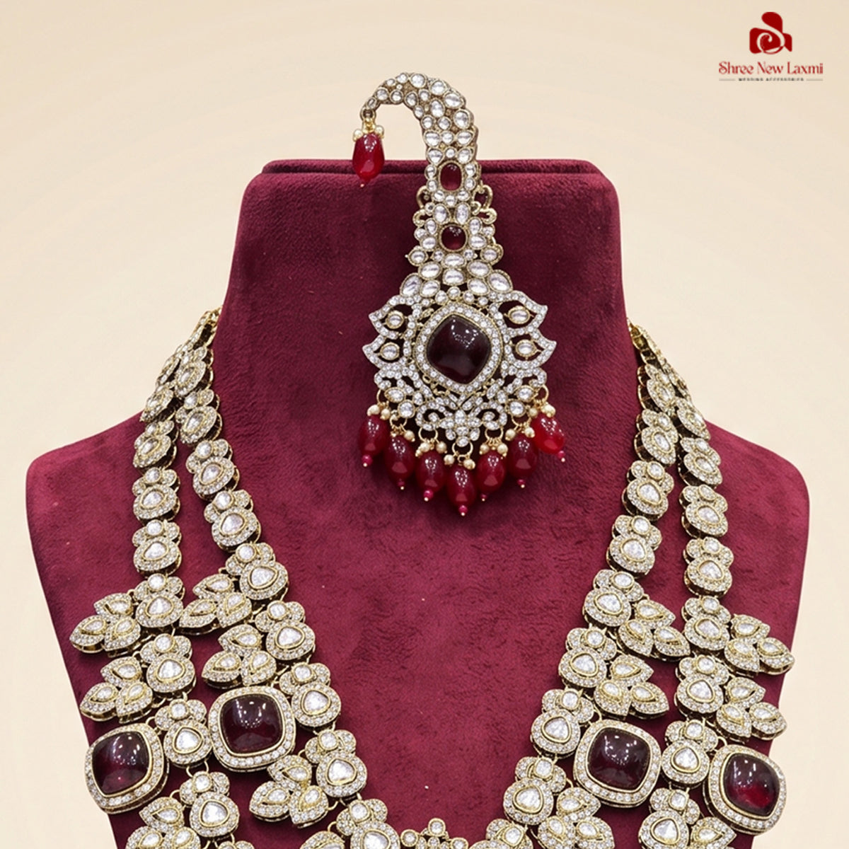 Royal Kundan Polki Stone Necklace - Maroon